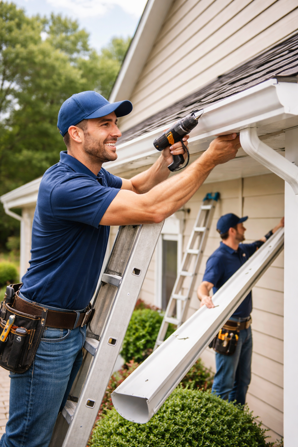 Professional gutter installation team working on a home